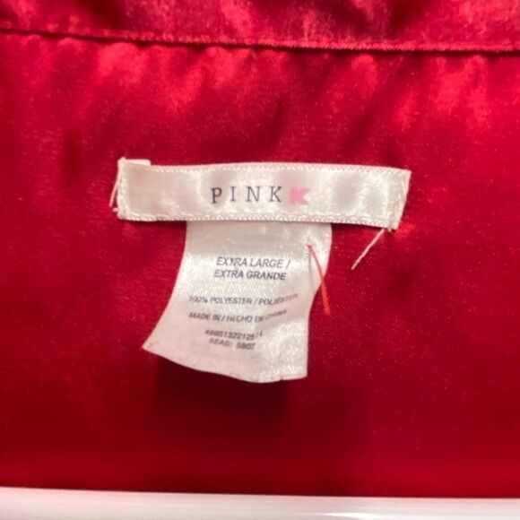 PINK Women’s Satin Pajama Top Button Up Long Sleeve Chest Pocket XL Red - Picture 3 of 12